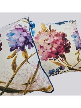 Two Floral Throw Pillows Hydrangea Print & Zipper Closure White Back - 18"x18"